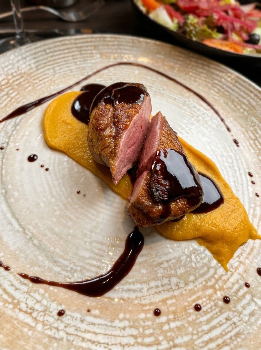 After — Pan-seared duck breast with squash purée — dim restaurant phone photo relit to studio quality with PlateRefresh