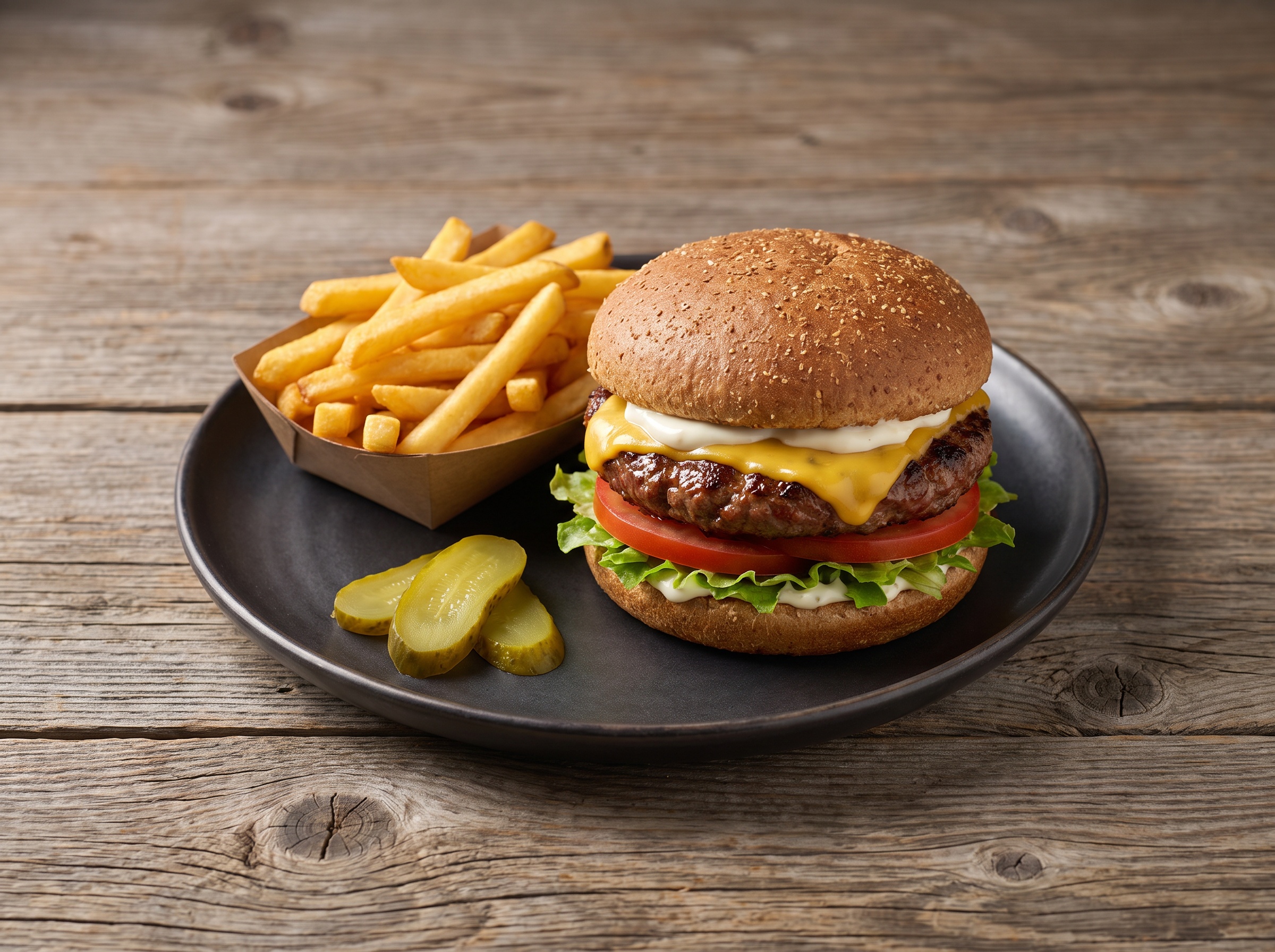 After: brightly lit studio menu photo of the same burger and fries with glossy bun and clean presentation