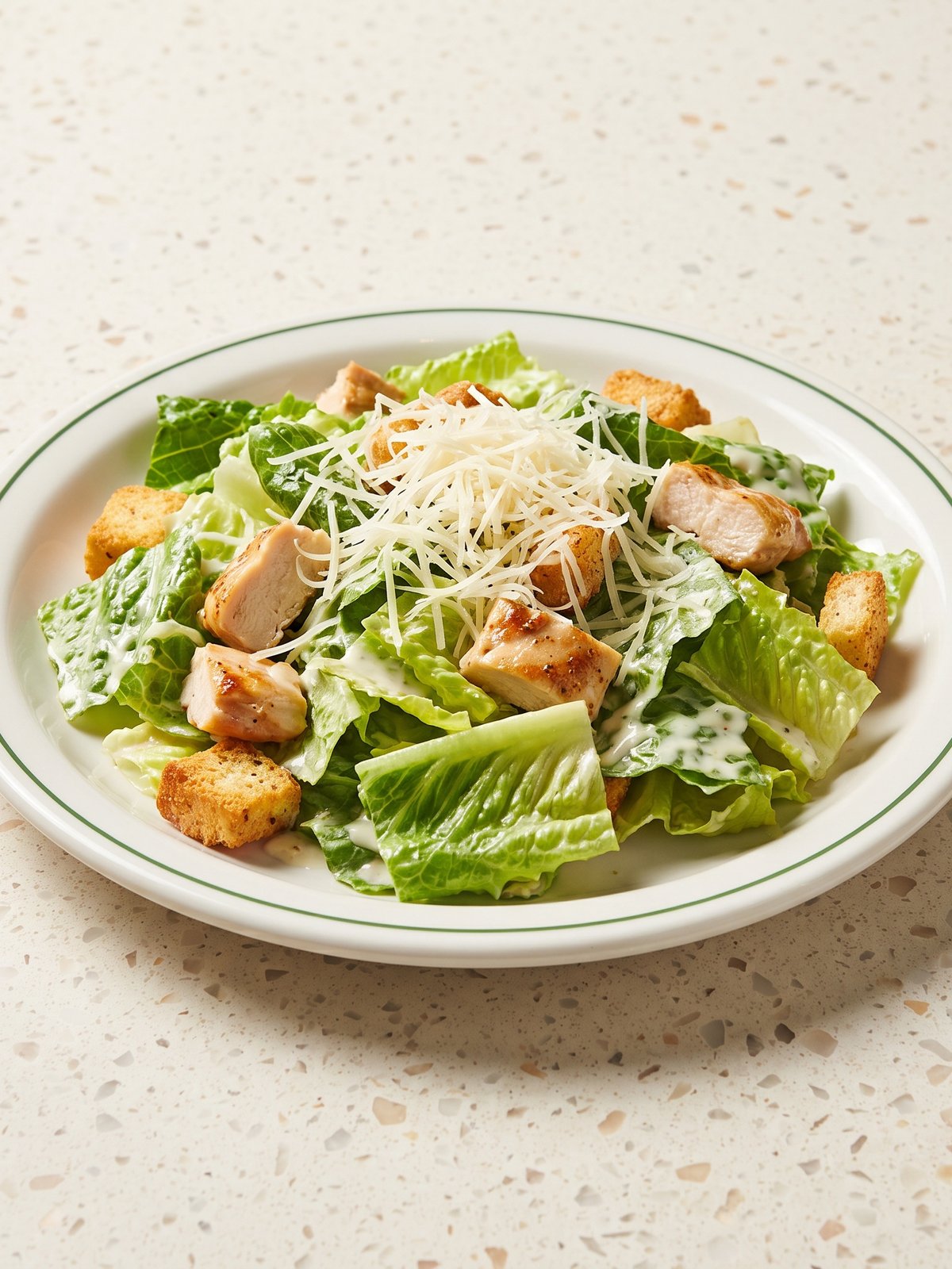 After: freshly lit studio menu photo of the same caesar salad with crisp leaves and glossy dressing