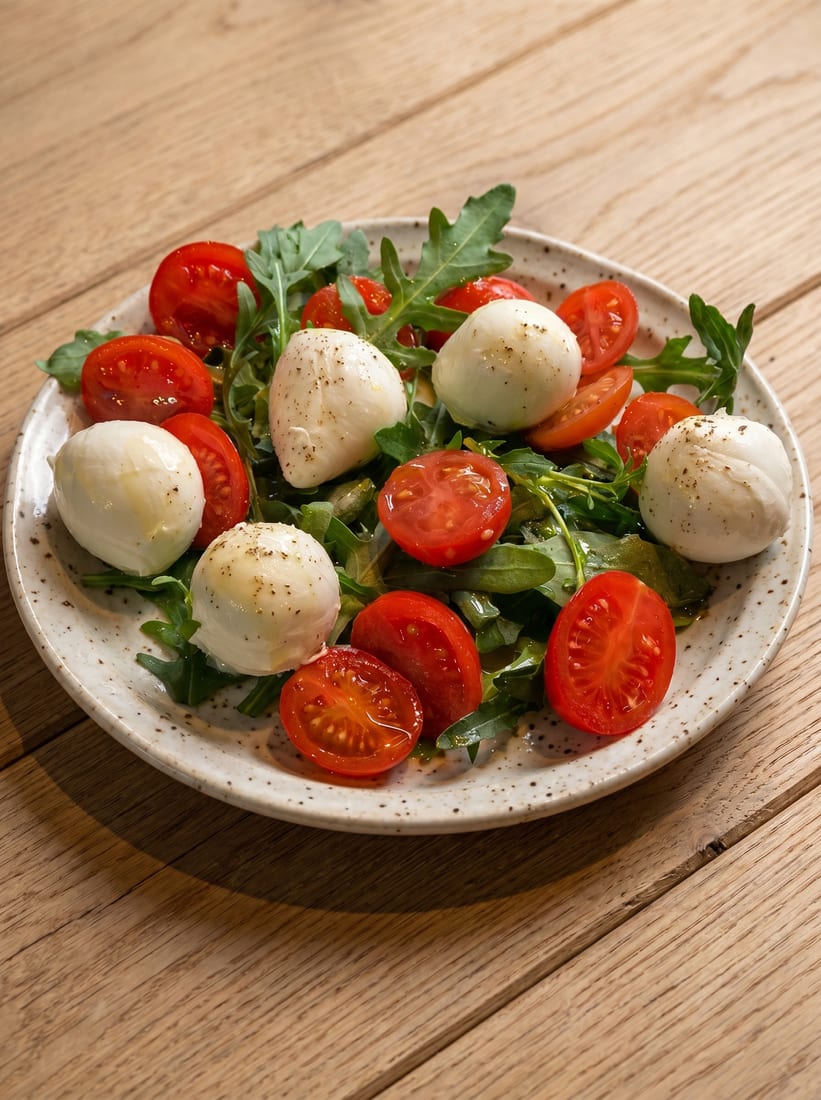 After: brightly lit studio menu photo of the same caprese salad with glossy mozzarella and vivid ripe tomatoes