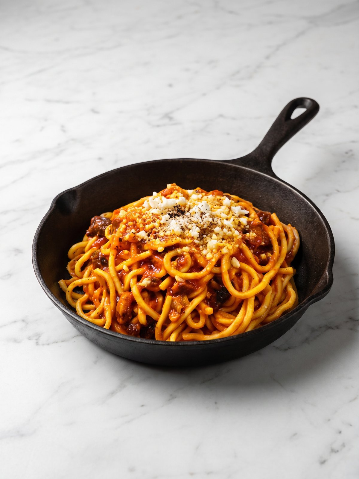 Relit carbonara with glossy emulsified sauce, crisp black pepper specks and rendered guanciale, on a softly lit menu-ready background