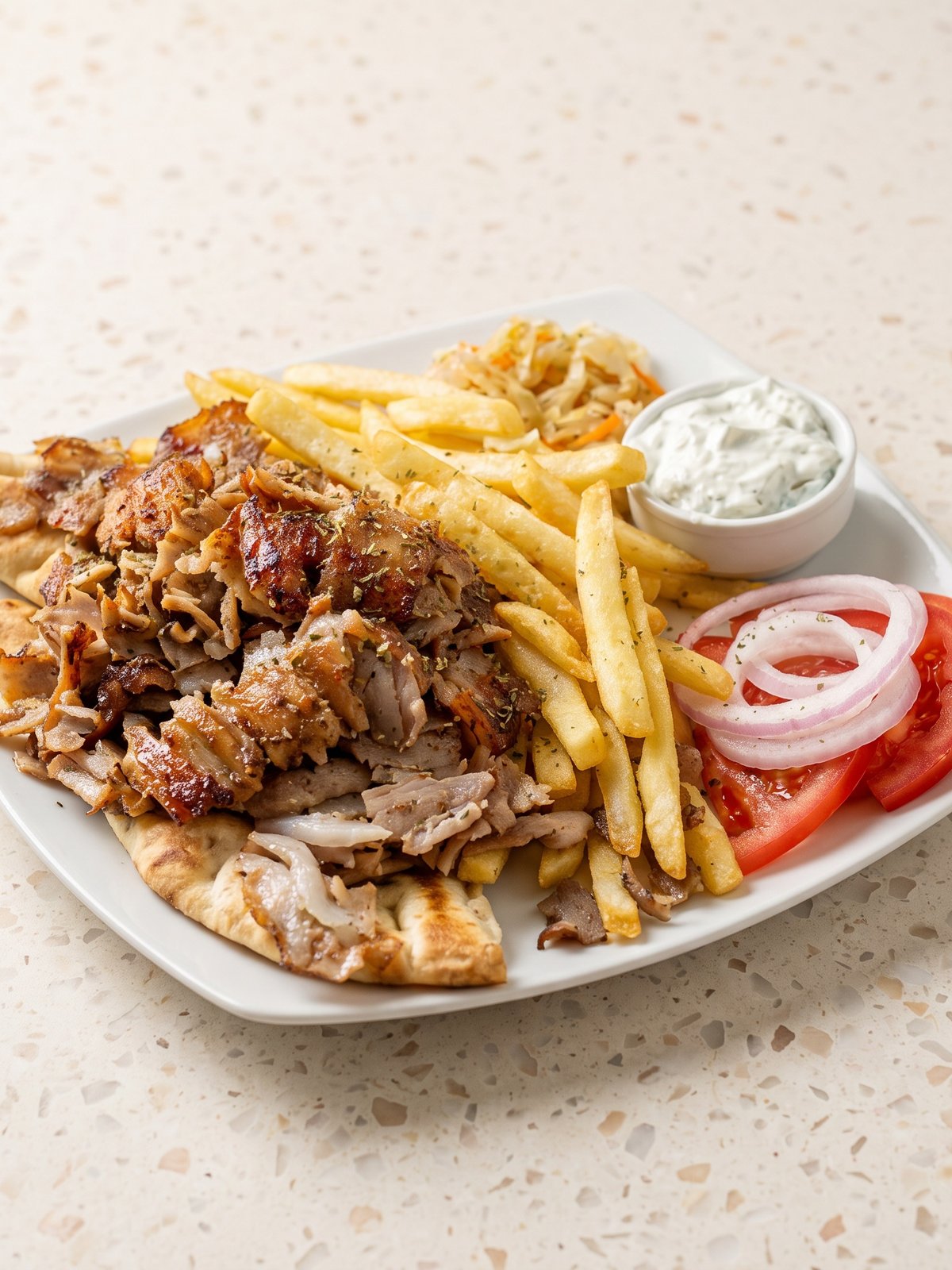 After: brightly lit studio menu photo of the same döner kebab plate with glossy meat and crisp fresh salad