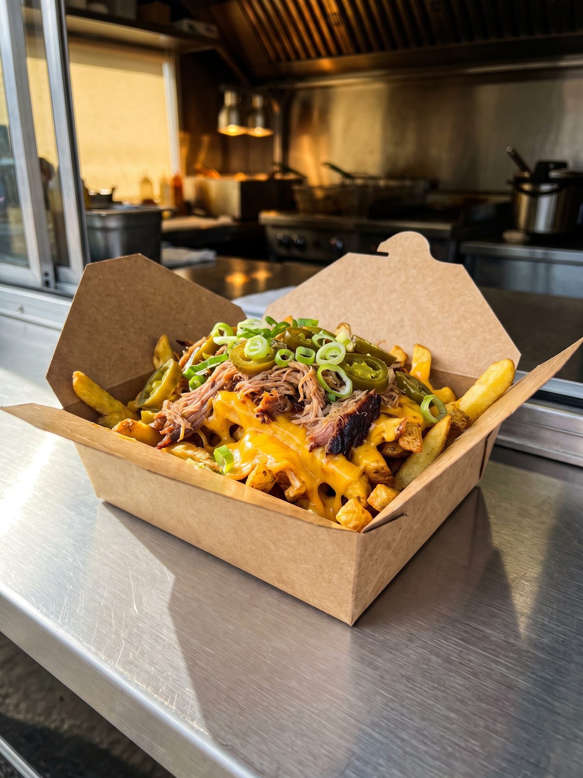 After: evenly lit menu photo of the same loaded fries with rich colour and detail in every topping