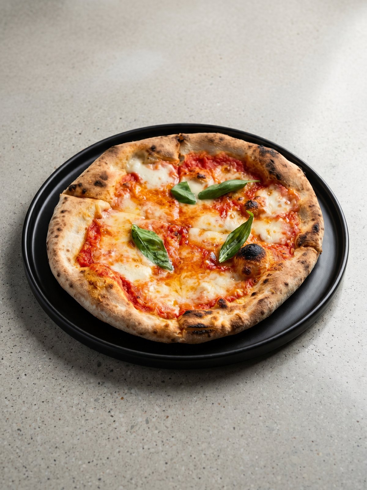 Relit margherita pizza with charred leopard-spotted crust, molten glossy mozzarella pools and vivid green basil on a warm menu-ready surface