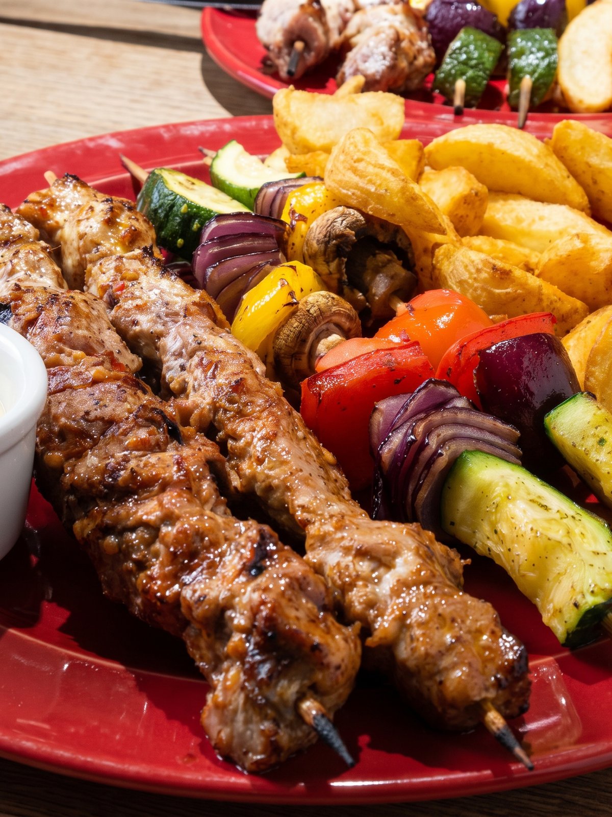 After: warmly lit studio menu photo of the same mixed grill plate with glossy chargrilled meats and clean plating