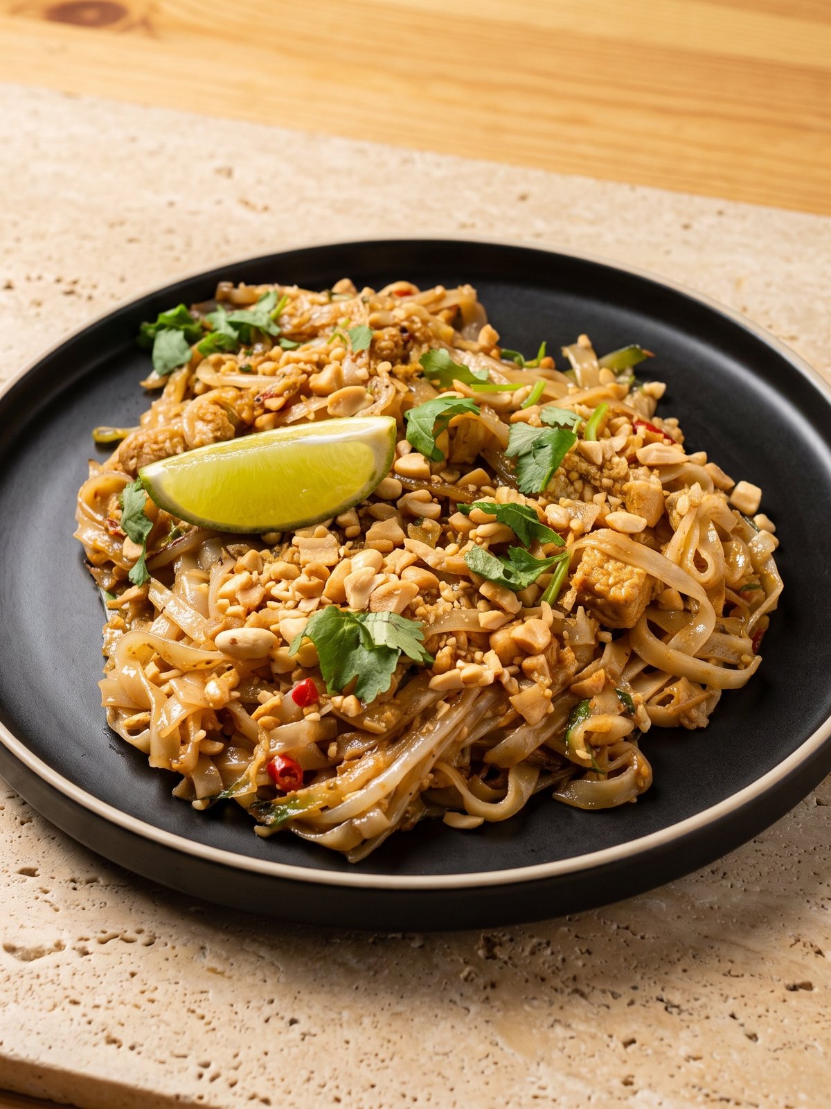 After: studio-lit menu photo of the same plate of pad thai with glossy noodles and clearly visible fresh garnish