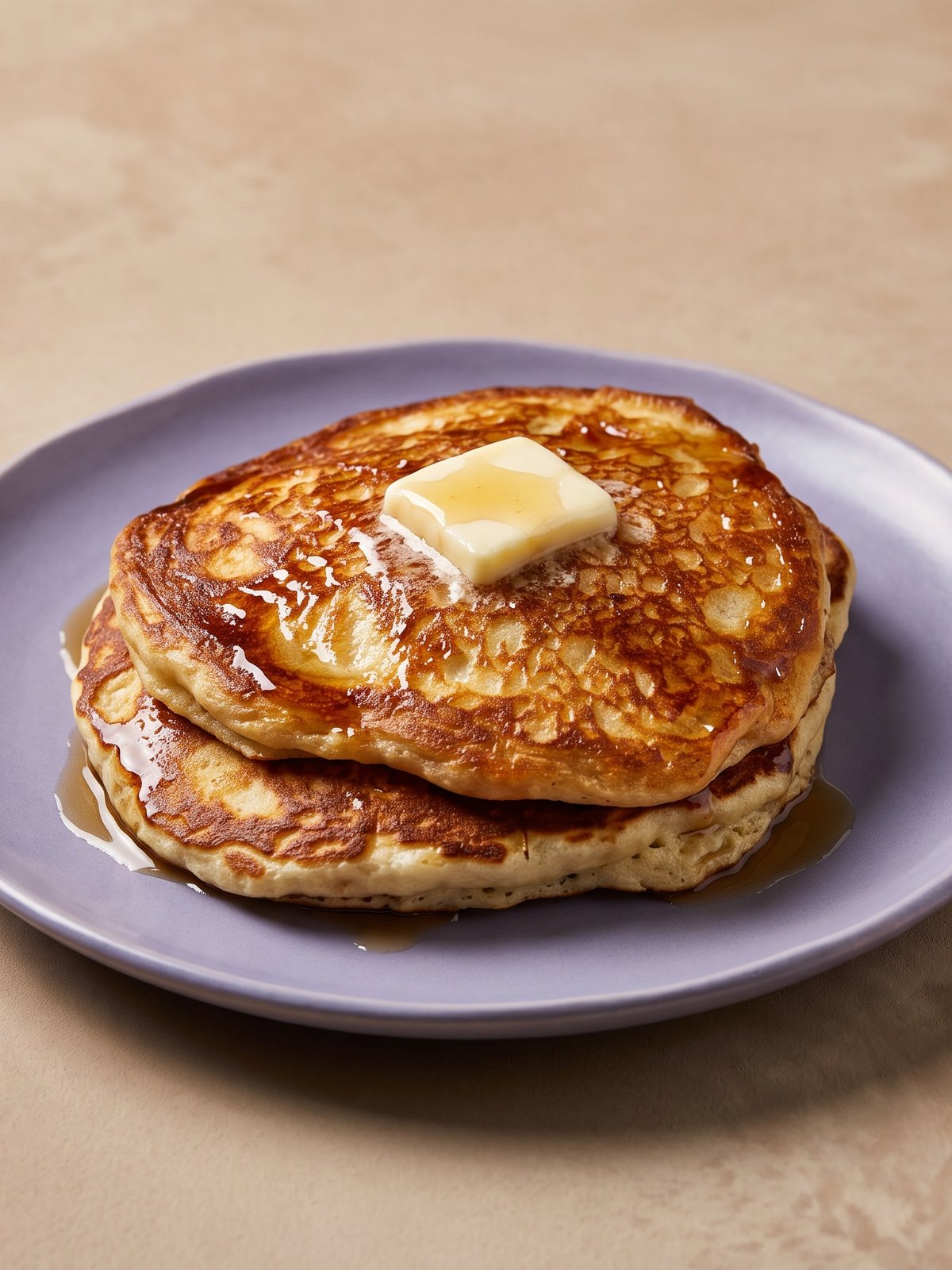 After: warmly lit studio menu photo of the same stack of pancakes with glossy syrup and soft highlights