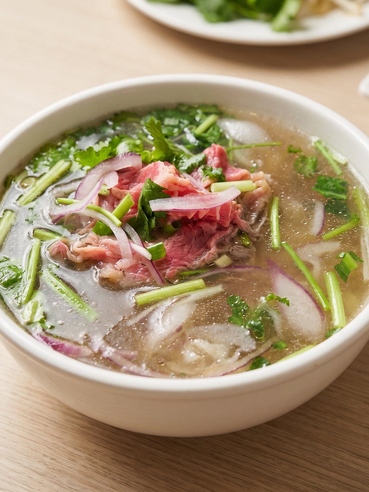 After: studio-lit menu photo of the same bowl of pho with clear broth, tender beef and fresh herbs clearly visible