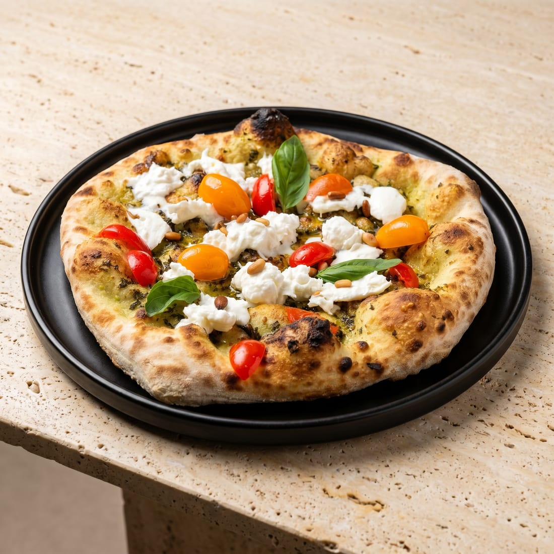 After: warmly lit studio menu photo of the same margherita pizza with glossy cheese and visible crust char