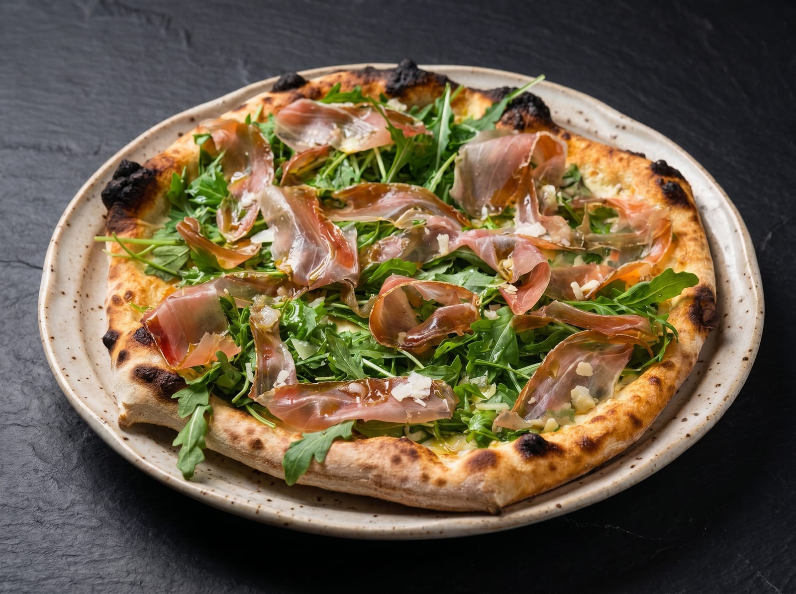 After: studio-lit menu photo of the same prosciutto and arugula pizza with glossy cheese and crisp blistered crust