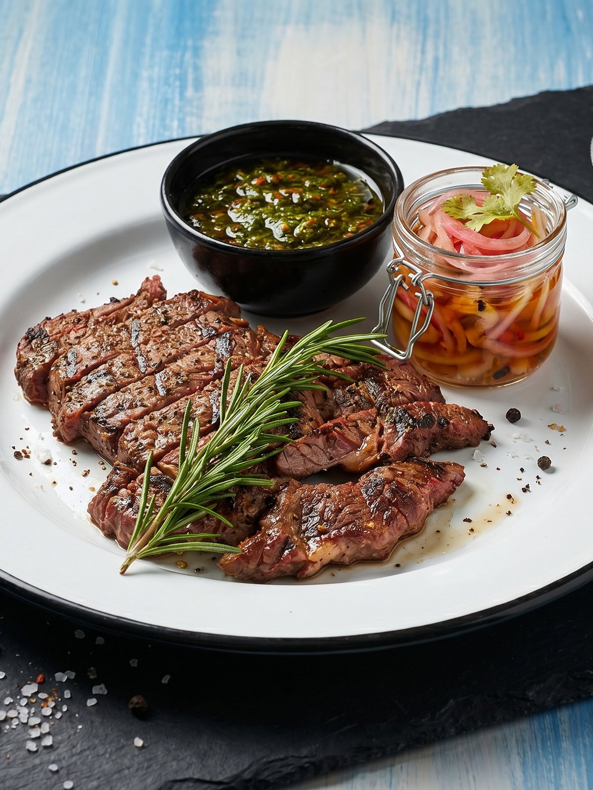 Menu-grade steak photo with a dark crusted sear, warm juicy pink centre and an appetising sheen on the slices