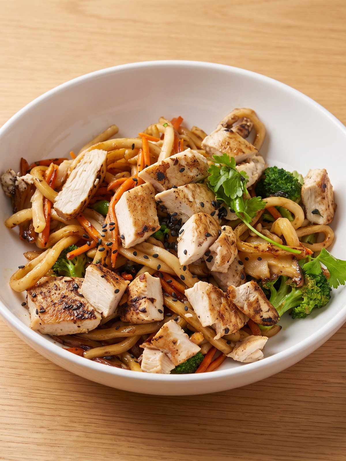 After: brightly lit studio menu photo of the same plate of stir-fried noodles with glossy sauce and clean plating
