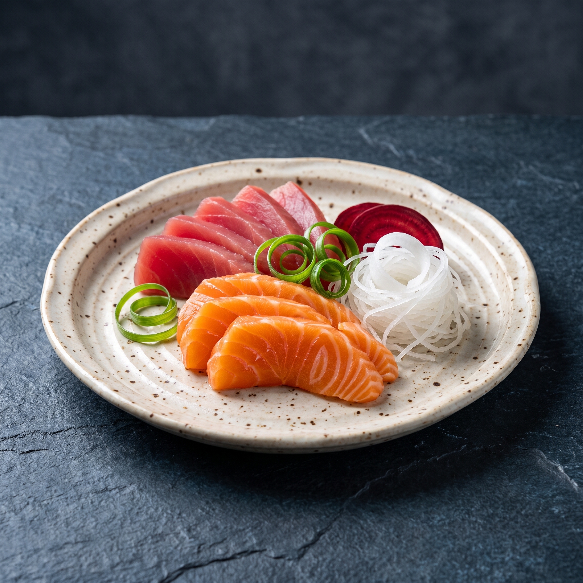 Relit sushi platter with soft even sheen on fresh-coloured fish, defined glistening rice grains on a clean menu-ready surface