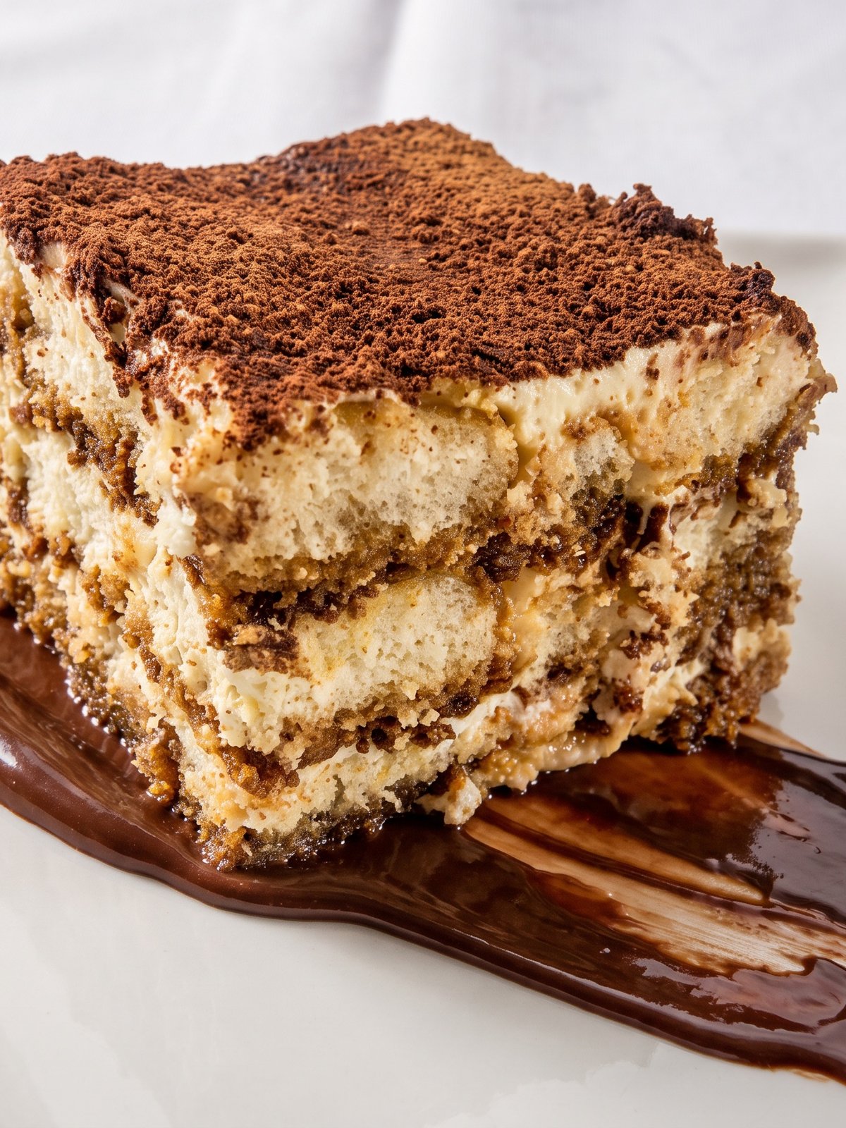 Elegant menu photo of the same tiramisu with defined sponge and cream layers, fine cocoa dusting and a soft shadow